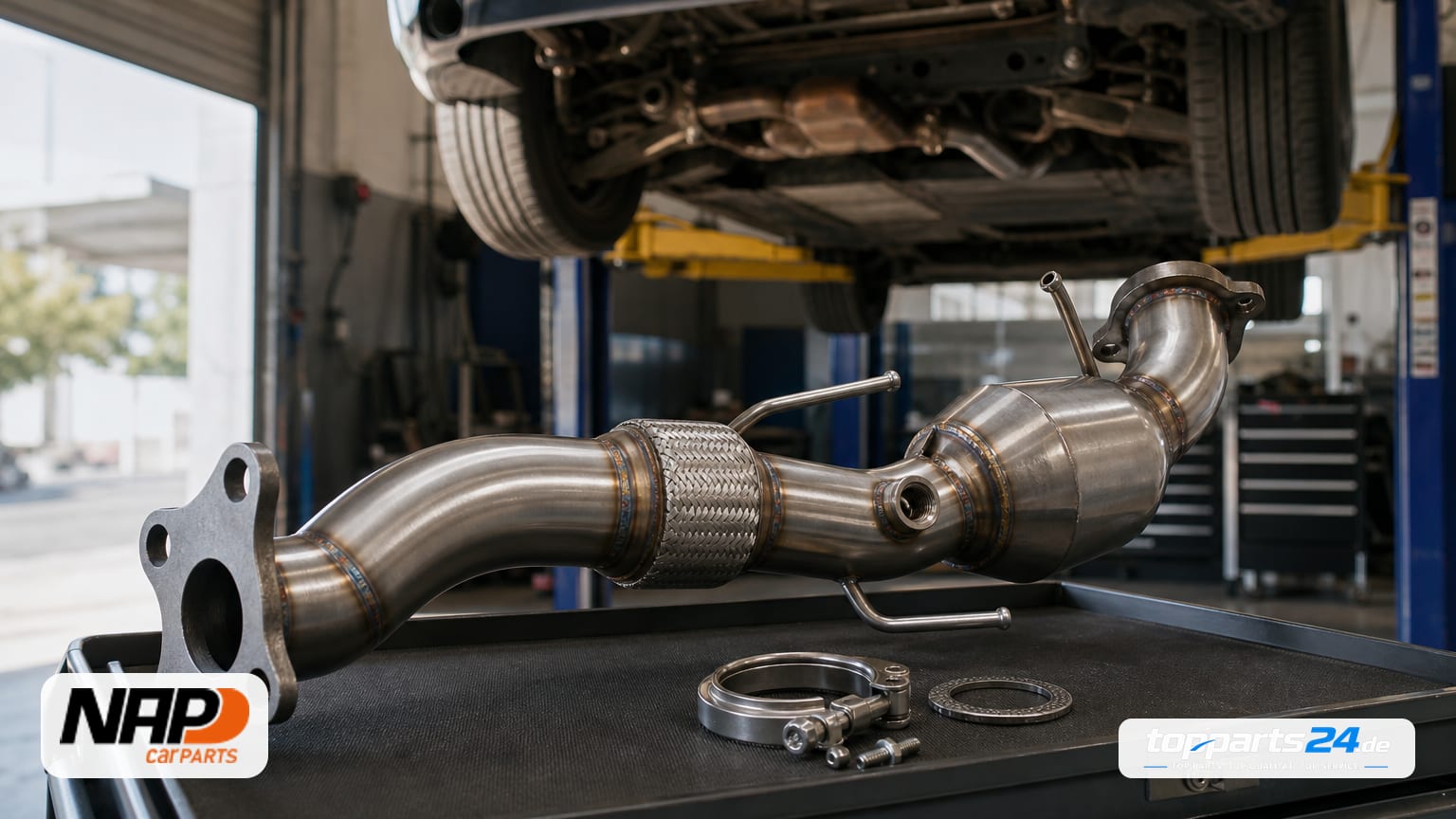 Moderner Werkstatt‑Shot: Auto auf der Bühne, Abgasanlage geöffnet. Im Vordergrund liegt ein neuer NAP carPARTS Katalysator mit Edelstahlrohr, Flexstück, kompaktem Kat‑Gehäuse, O2‑Sensoraufnahme,…