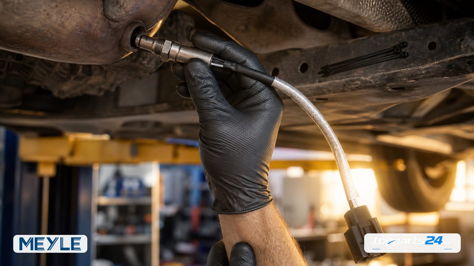 Mechaniker mit Handschuhen schraubt eine MEYLE Lambdasonde vor dem Katalysator in das Abgaskrümmergewinde ein; silberne Hitzeschutzhülle und schwarzer Stecker sind gut erkennbar.
