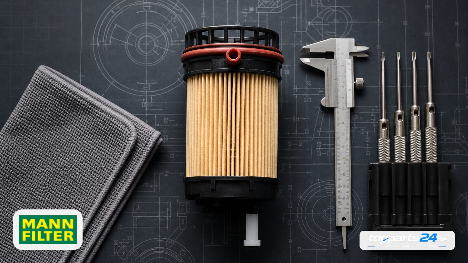 Technische Flat-Lay-Aufnahme: MANN-FILTER Kraftstofffilter als Zylinder mit beigem Faltmedium, schwarzem Boden, roter Dichtung oben, grünem Innenring und kleinem rotem Anschluss auf dunklem…