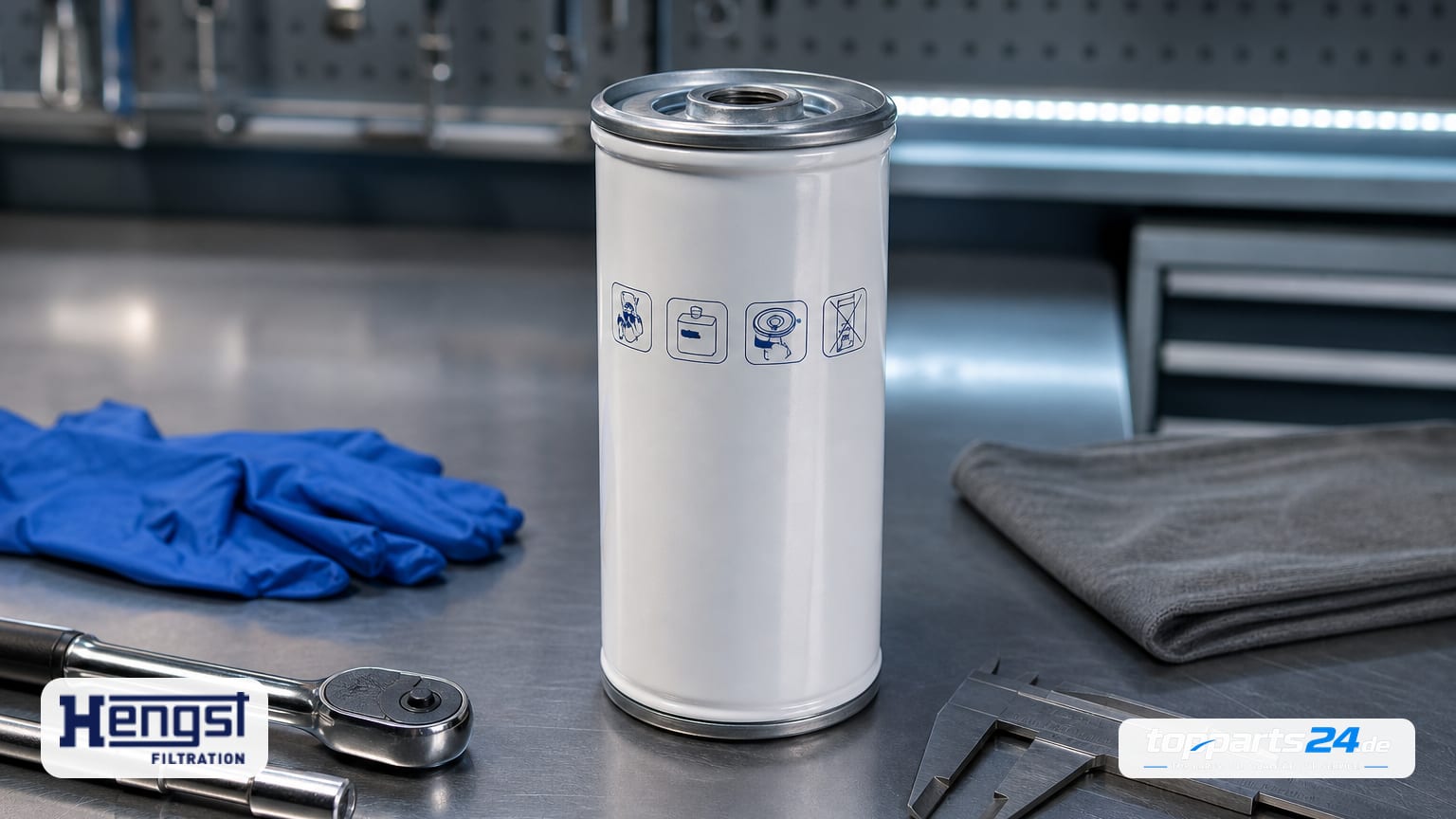 HENGST FILTER Kraftstofffilter als hochformatige, weiße Metall-Dose mit blauem Logo auf einer gebürsteten Stahlwerkbank, umgeben von Werkzeugen, kühl ausgeleuchtet.